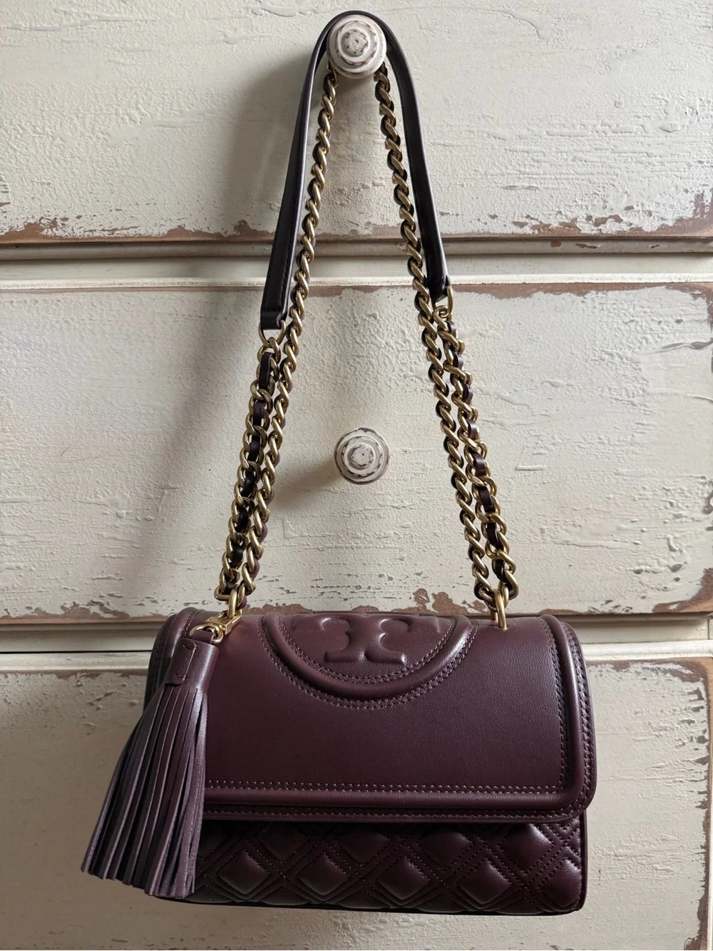 NWT Tory Burch Albarossa Fleming Small Convertible Shoulder Bag Dark Plum Wine